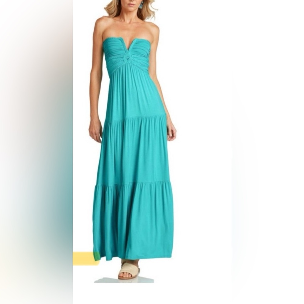Trish Scully Women Size 12 Lucille Strapless Maxi Dress Turquoise Tiered Crochet